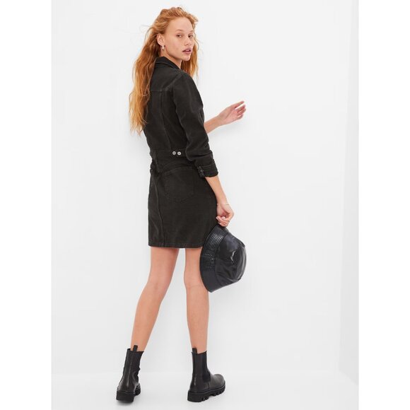 Gap Denim Dress Black Long Sleeve Button Down Pocket Mini - Picture 2 of 11